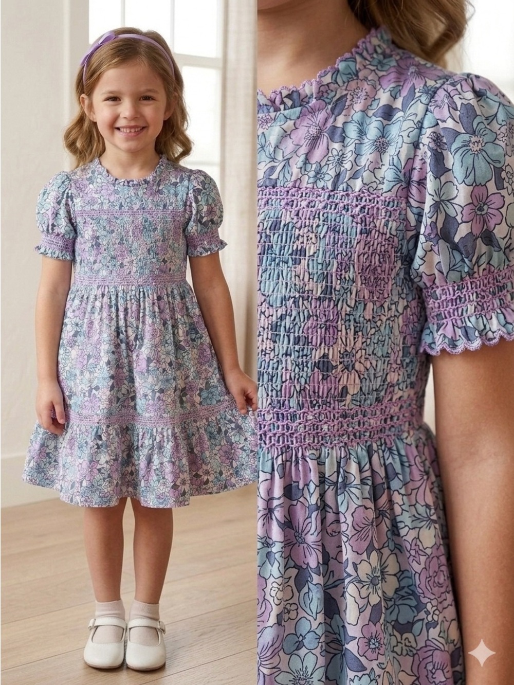 Rachel Zoe Kids floral smocked tiered dress in purple and blue size 5/6